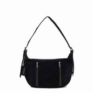 Women's Núnoo Small Stella Zipper Suede Shoulder Bags Black | YUU7826ZG