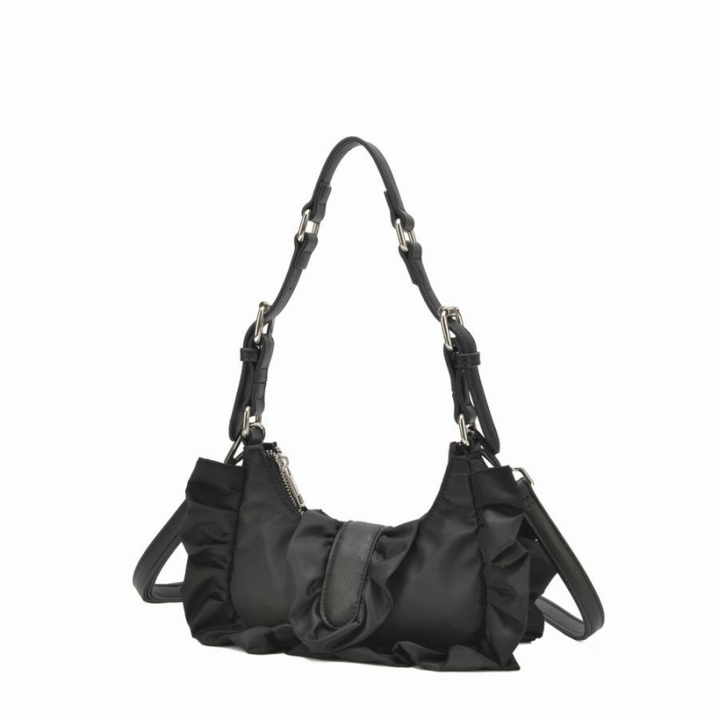 Women's Núnoo Palma Ruffle Recycled Nylon Shoulder Bags Black | VXK2538UK