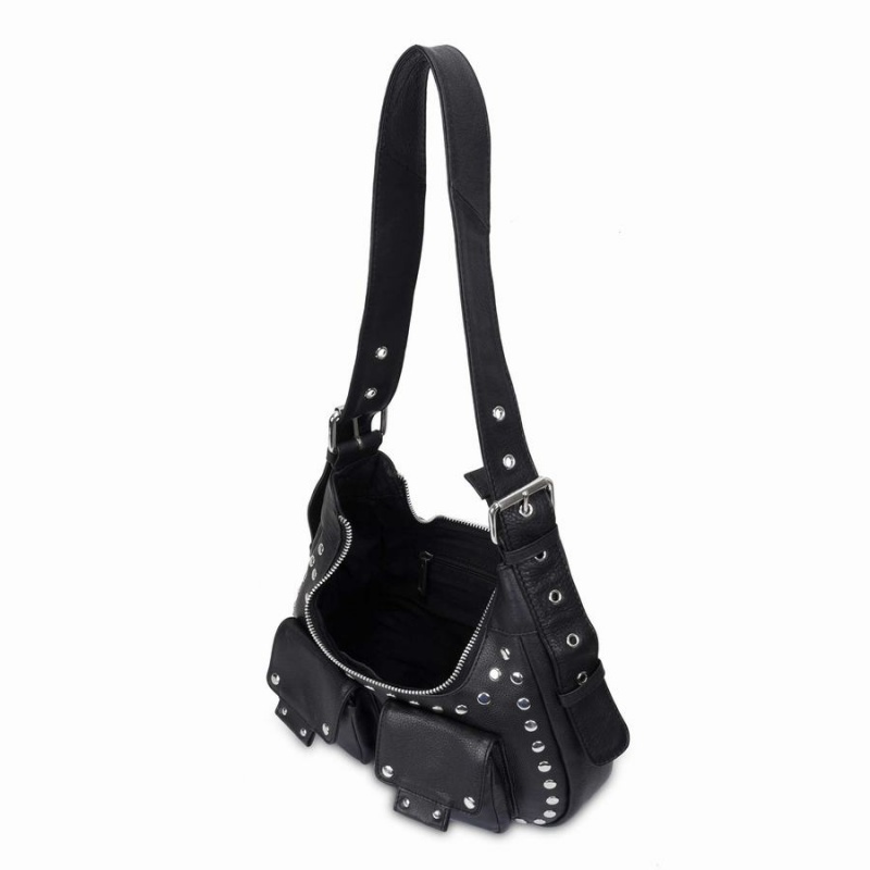 Women's Núnoo Sally Small Rivet Smooth Shoulder Bags Black | ROD8971DD