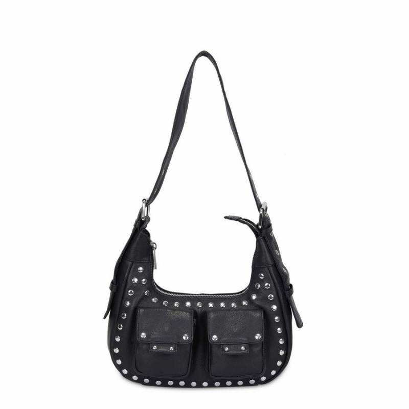 Women\'s Núnoo Sally Small Rivet Smooth Shoulder Bags Black | ROD8971DD