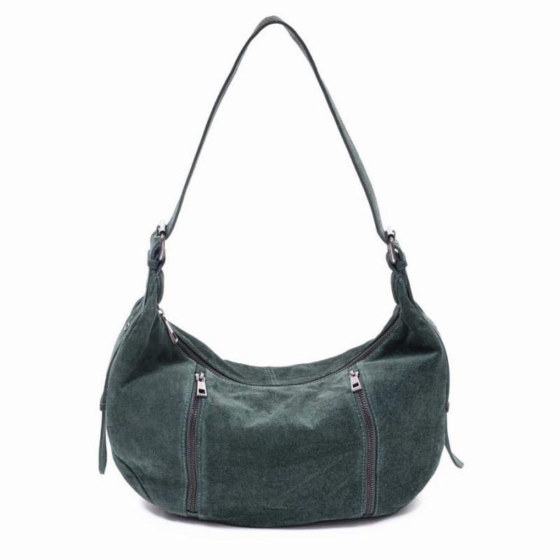 Women\'s Núnoo Small Stella Zipper Suede Shoulder Bags Dark Green | LHM615QL