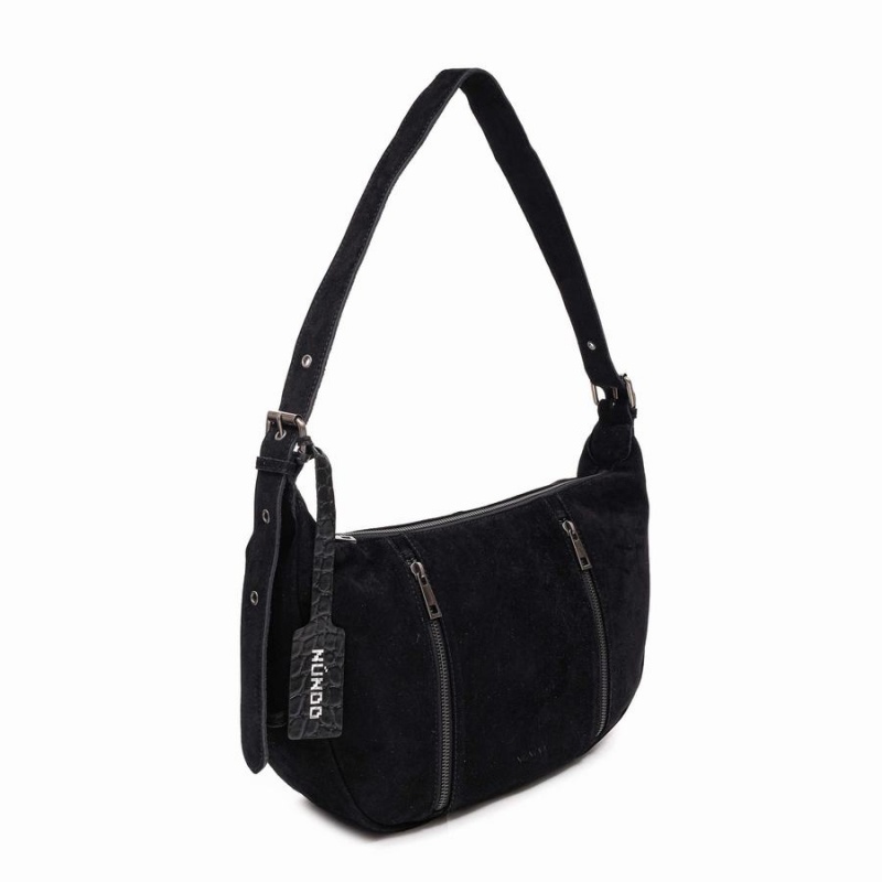 Women's Núnoo Small Stella Zipper Suede Shoulder Bags Black | YUU7826ZG